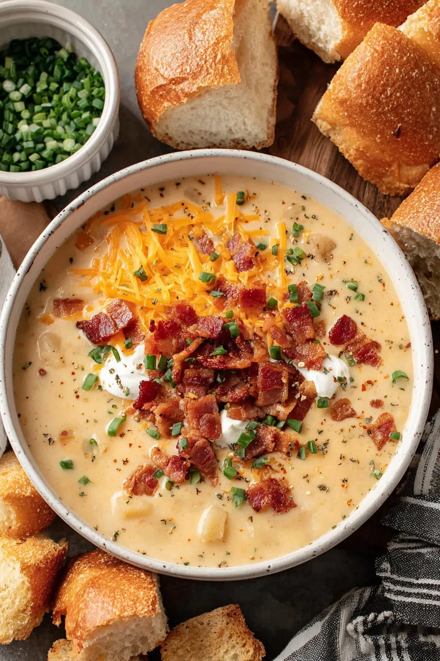 Creamy potato soup in a bowl with green onions