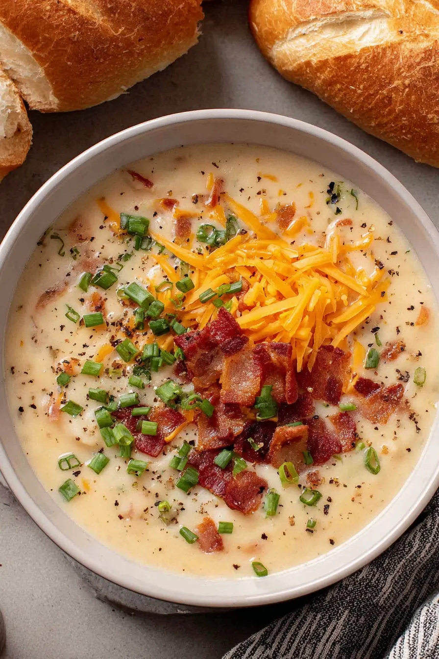 Ladle of potato soup with bacon