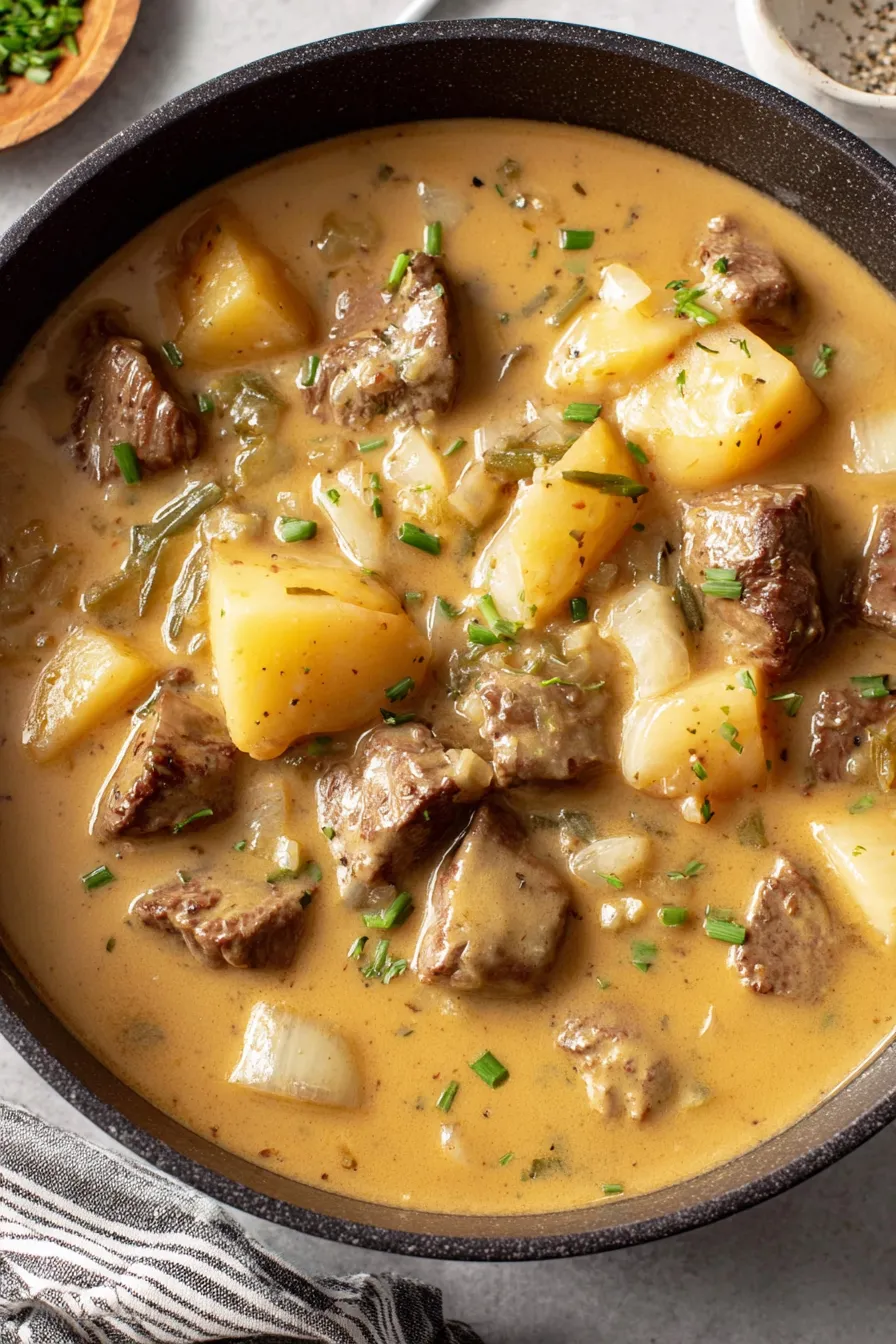 Bowl of creamy steak and potato soup