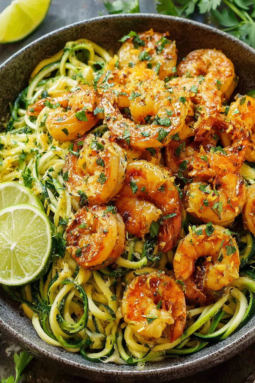 Grilled citrus shrimp on a bed of zoodles