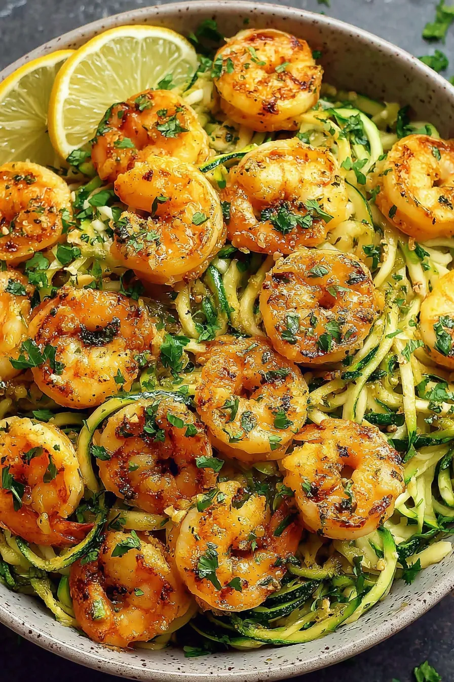 Close-up of citrus marinated shrimp and zoodles