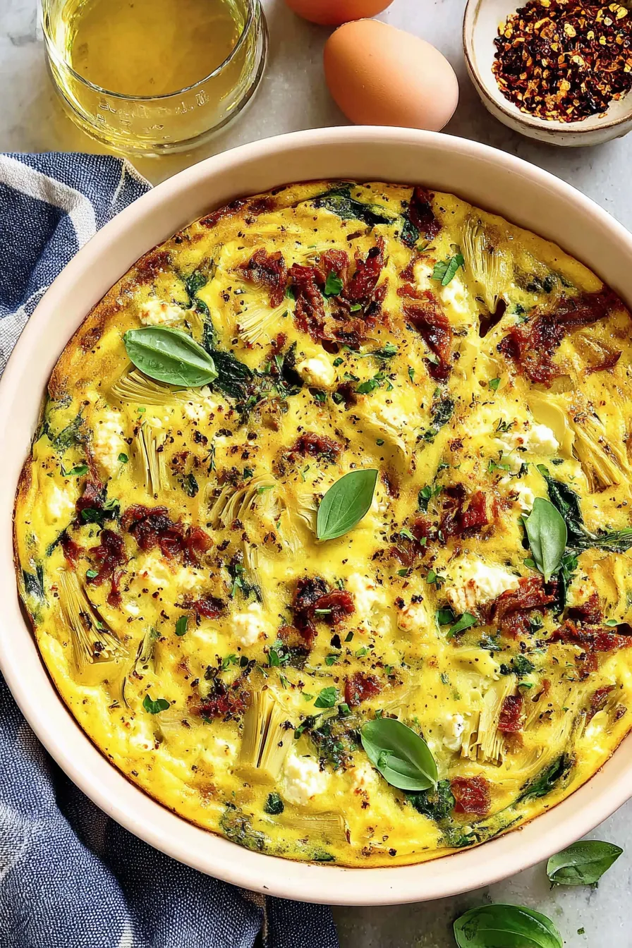 Portion of breakfast casserole plated with herbs