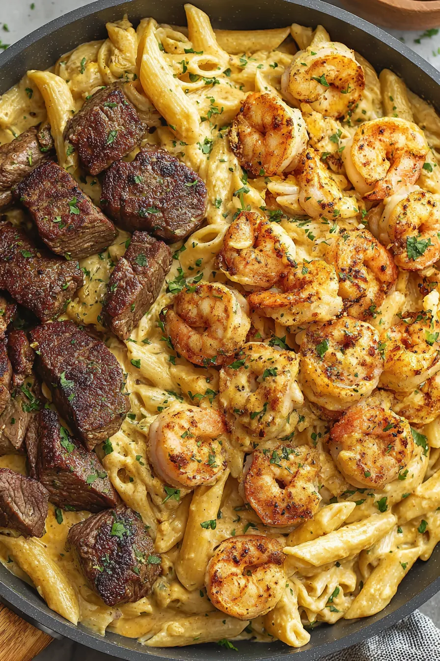 Blackened shrimp and steak over creamy penne