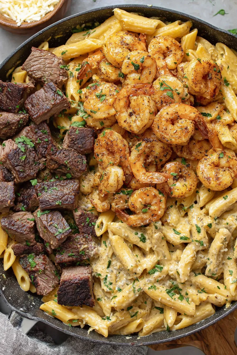 Creamy Alfredo in a skillet with herbs