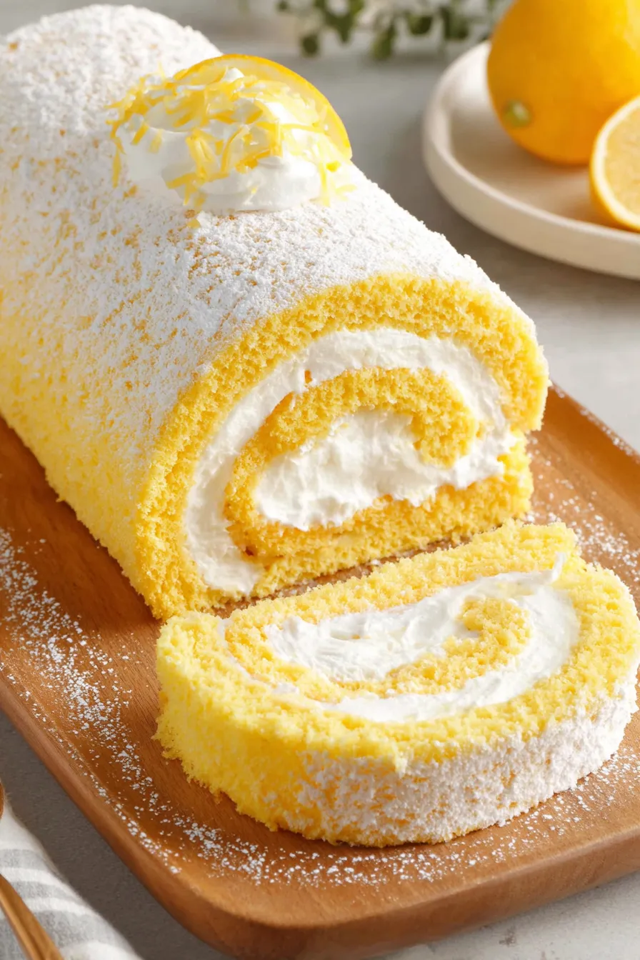 rolled lemon swiss cake on cutting board