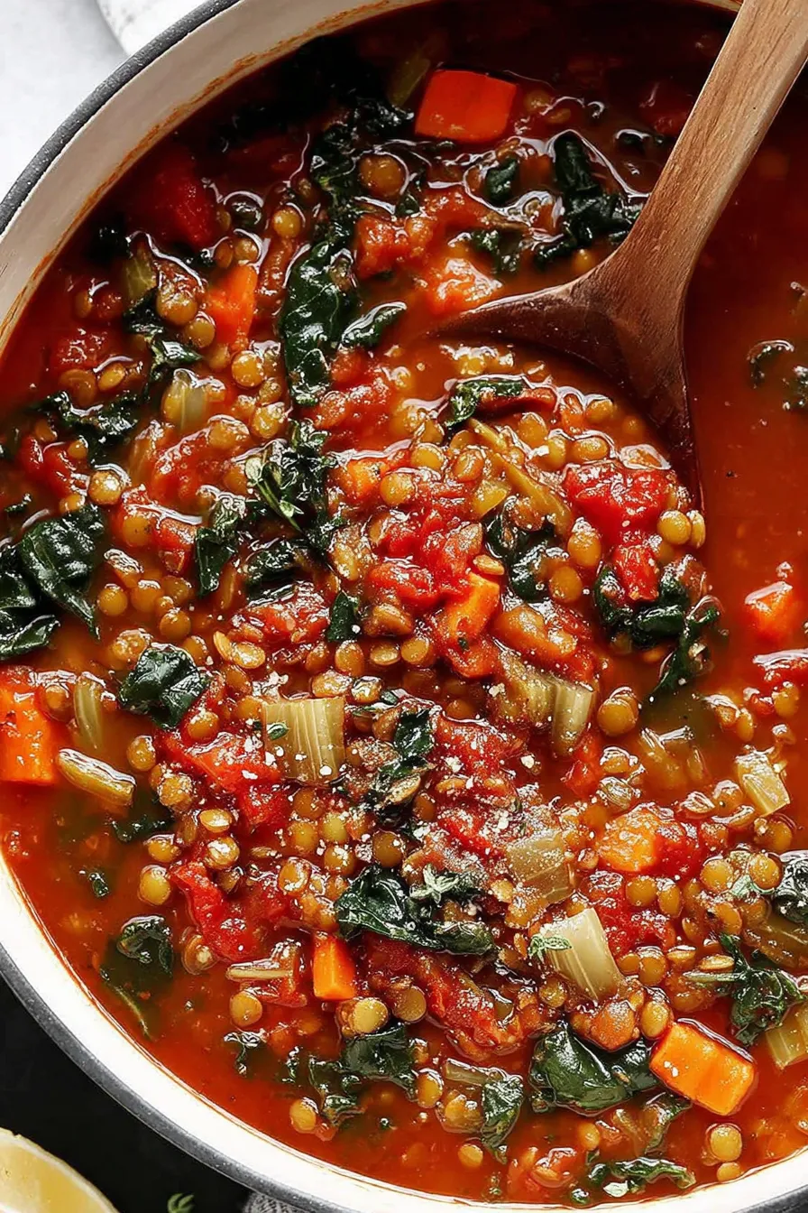 Bowl of Mediterranean lentil soup with lemon and kale