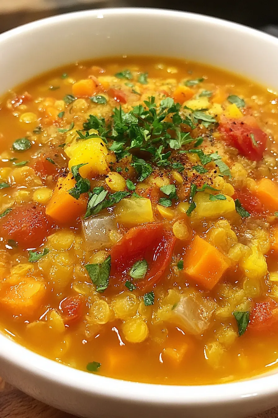 Red lentil soup in a bowl with herbs
