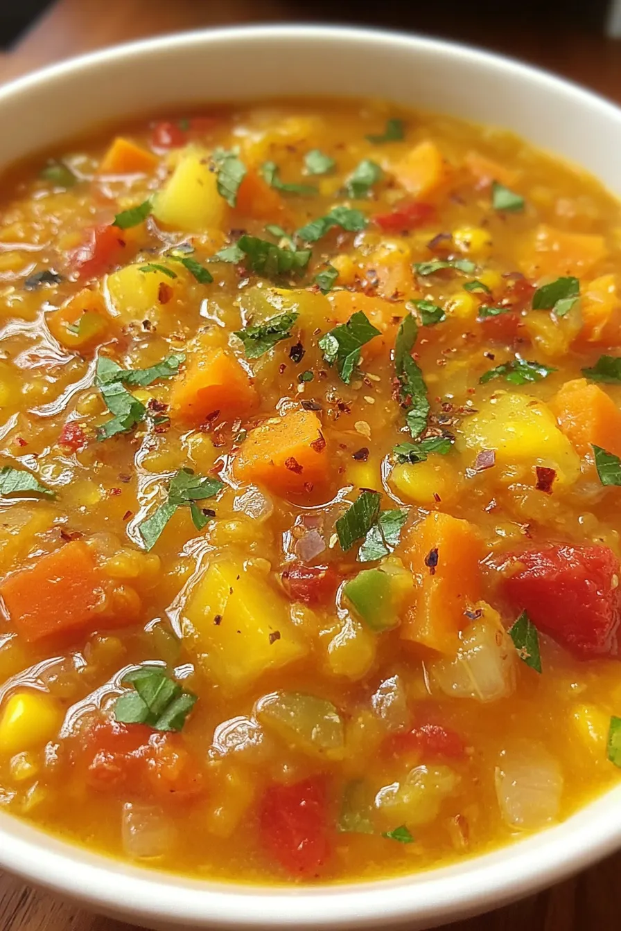 Close up of a ladle of red lentil soup