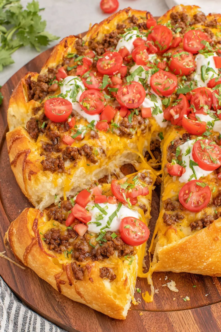 Close-up of taco pizza slice with toppings