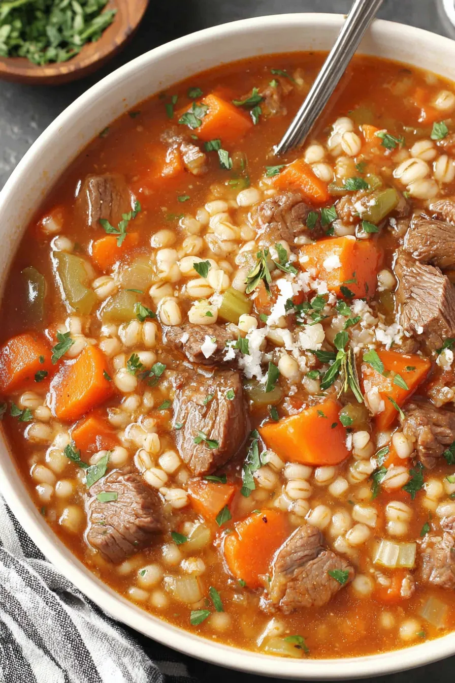 Simmering pot of beef and barley soup