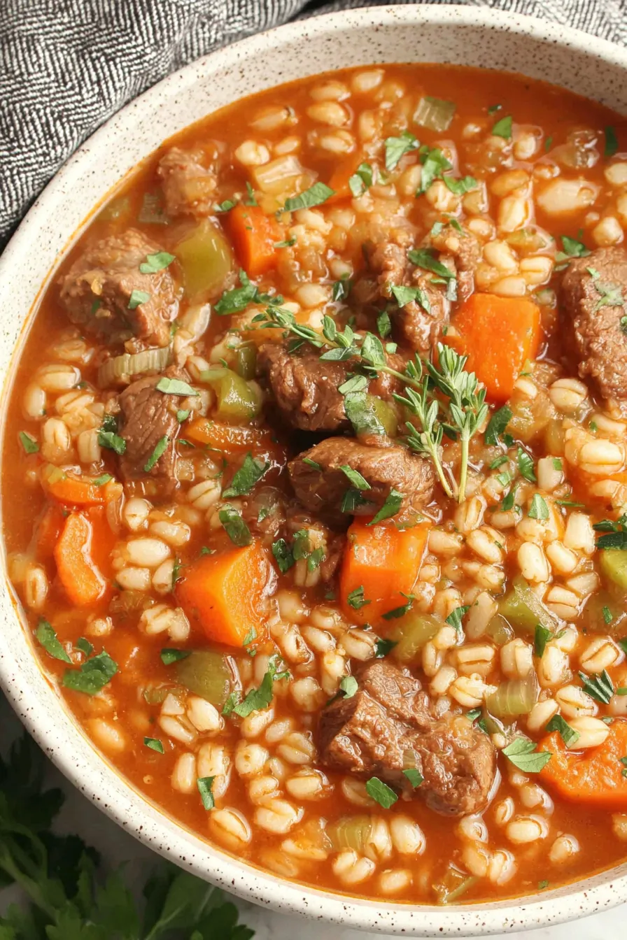 Bowl of beef and barley soup garnished with parsley