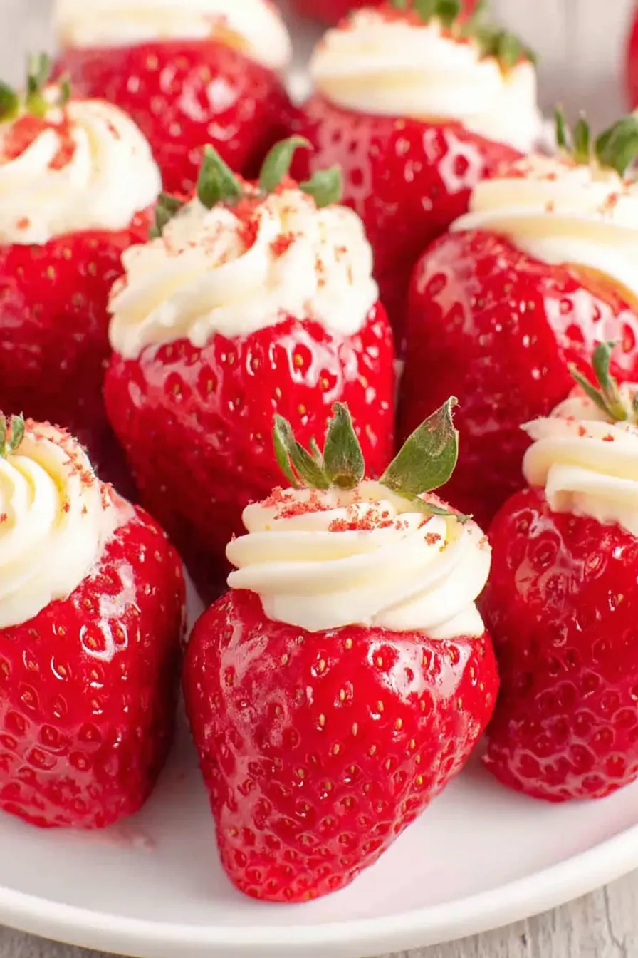 Cheesecake stuffed strawberries on a white plate