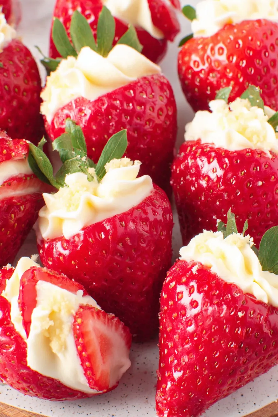 Close up of a strawberry filled with cream cheese mixture