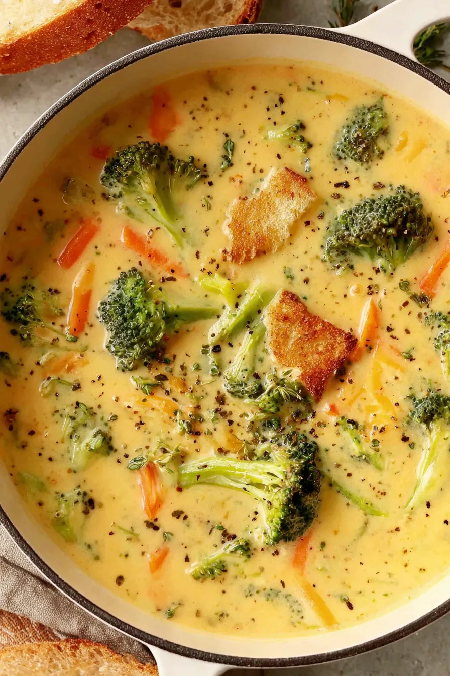 Creamy broccoli cheddar soup in bowl with croutons