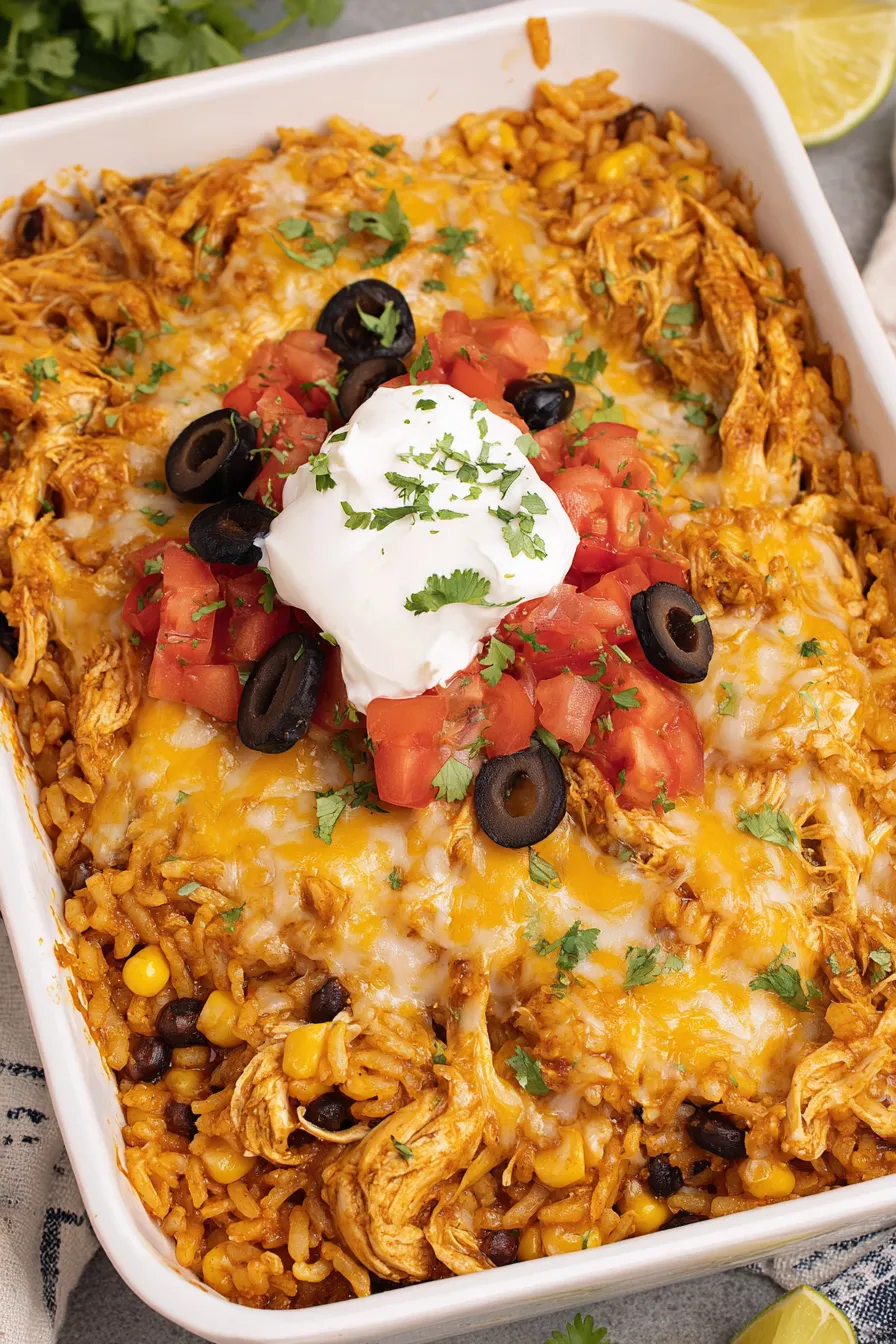 Chicken Enchilada Rice Casserole fresh from the oven