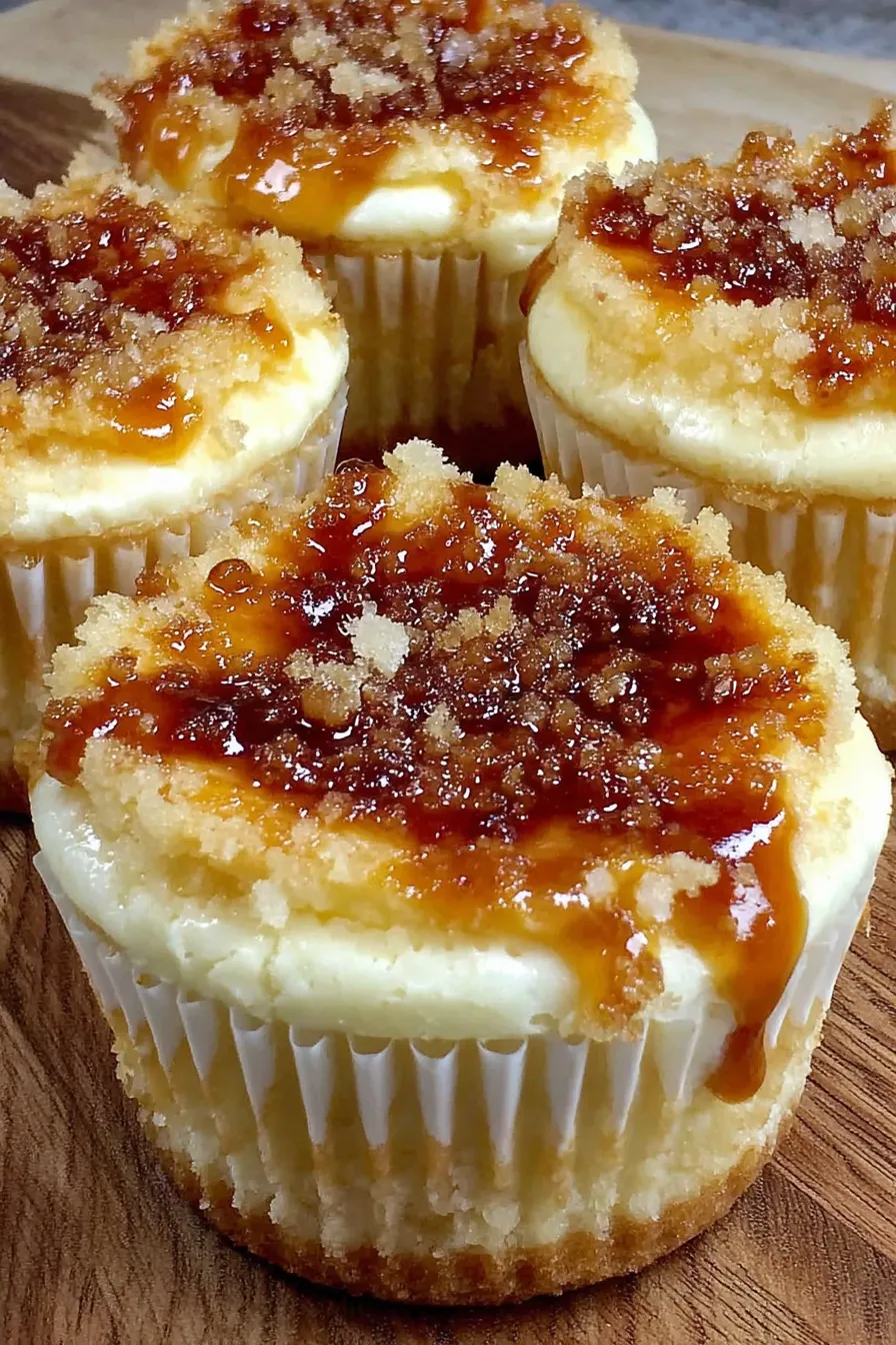 Vanilla bean crème brûlée cheesecake cupcakes cooling on a wire rack