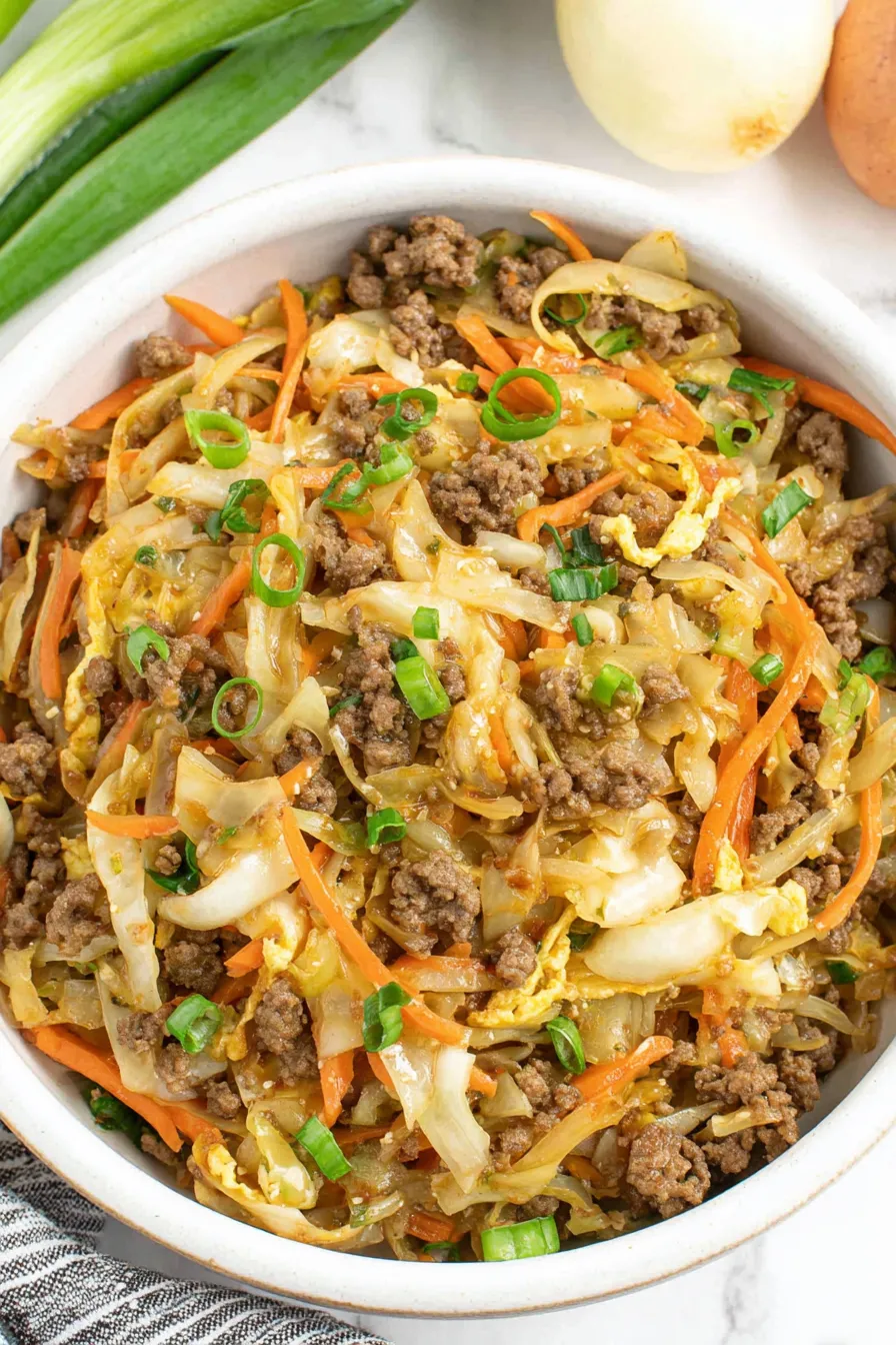 Finished egg roll in a bowl in skillet