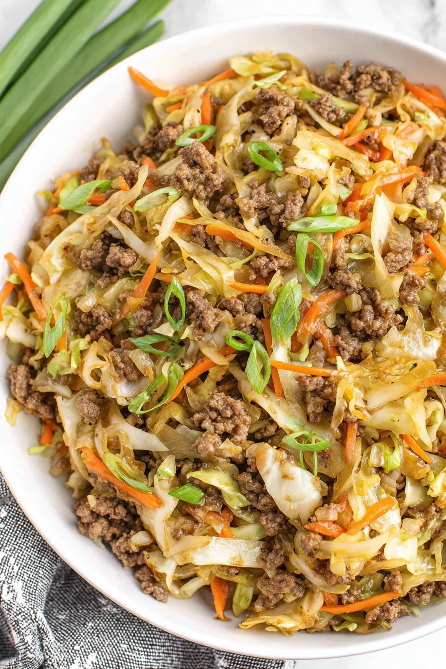 Cabbage and carrots being mixed in skillet
