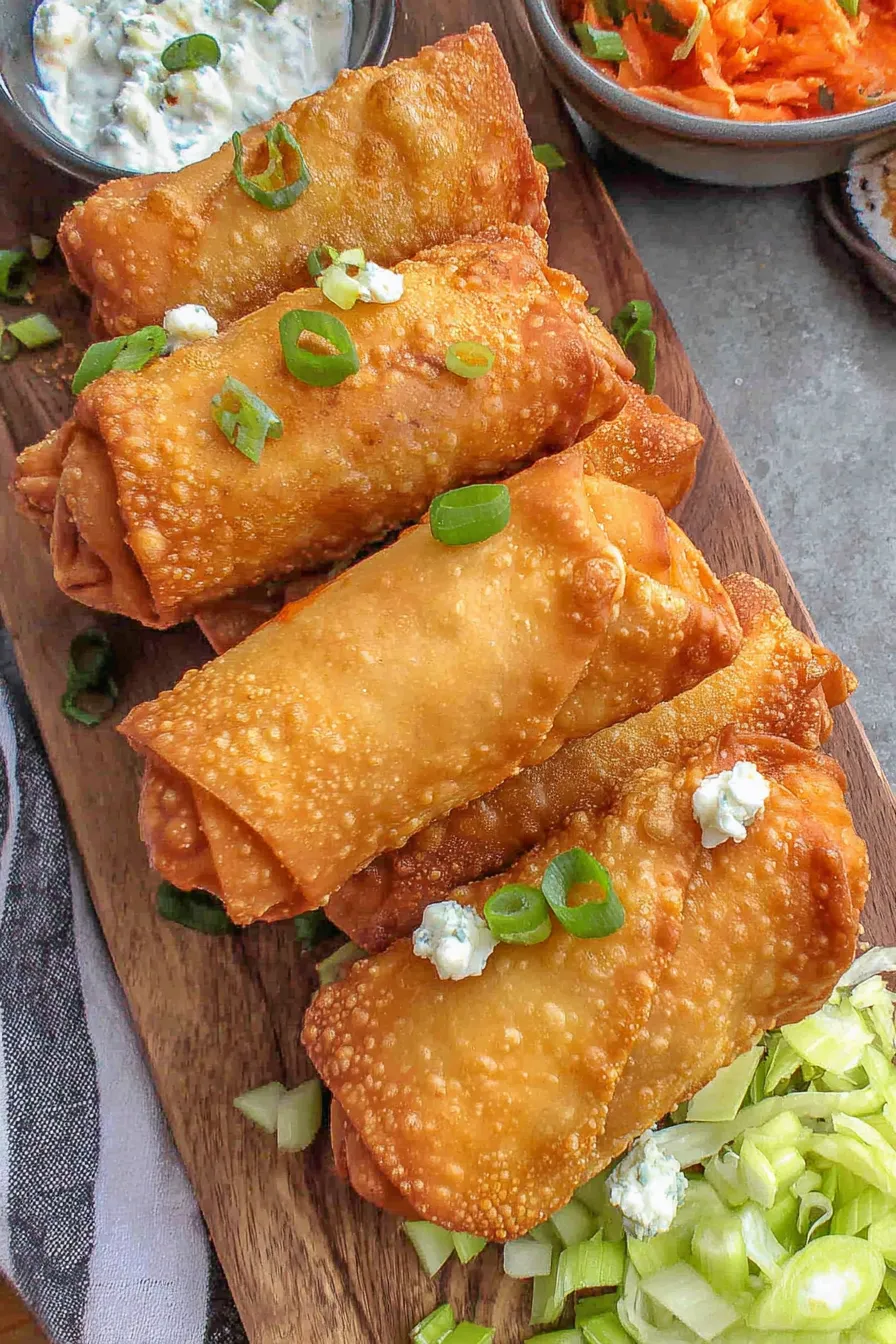 Buffalo chicken egg rolls frying in skillet