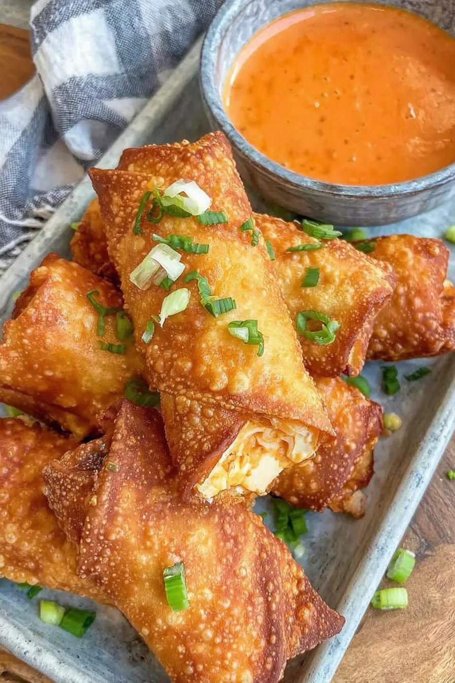 Close up of sliced buffalo chicken egg roll showing filling