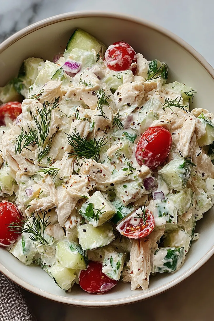 Chopped vegetables and almonds for tzatziki chicken salad