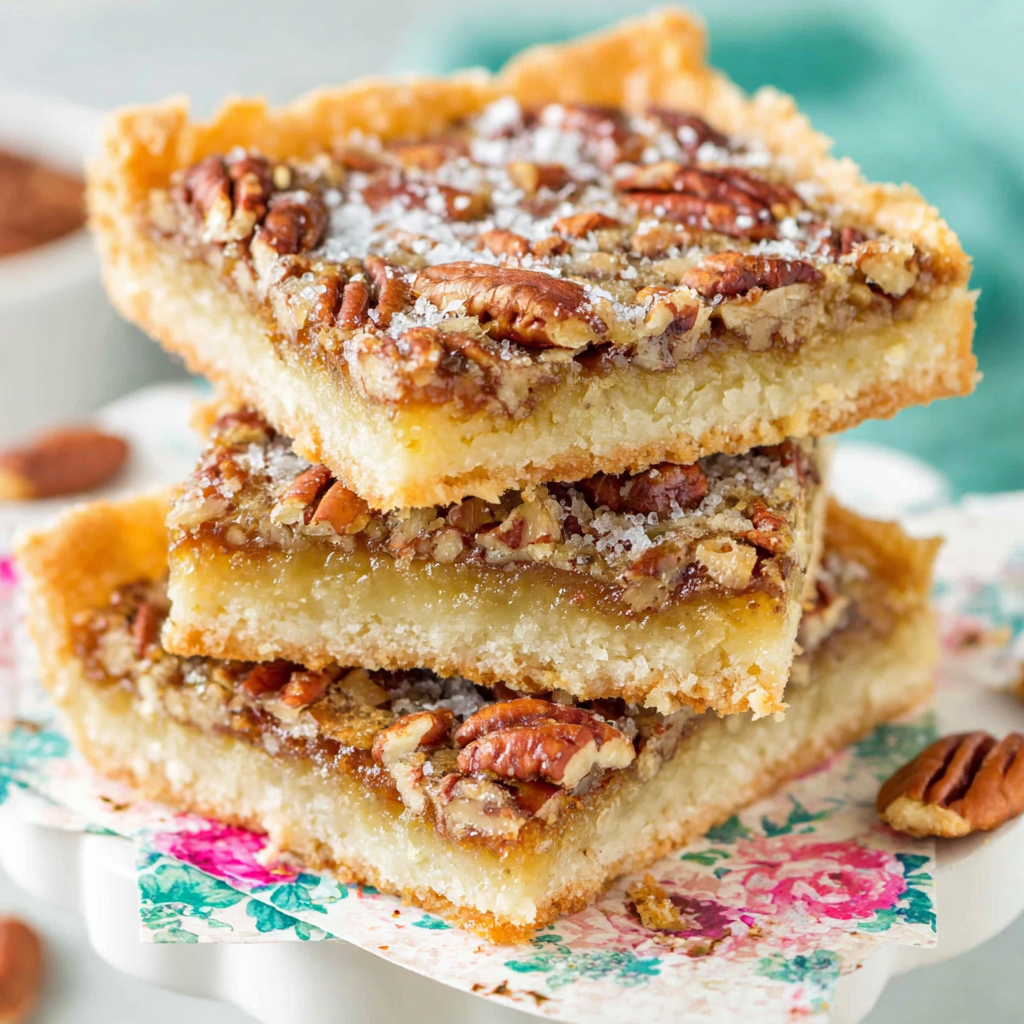 Overhead shot of pecan pie bars with glossy filling and crunchy pecans