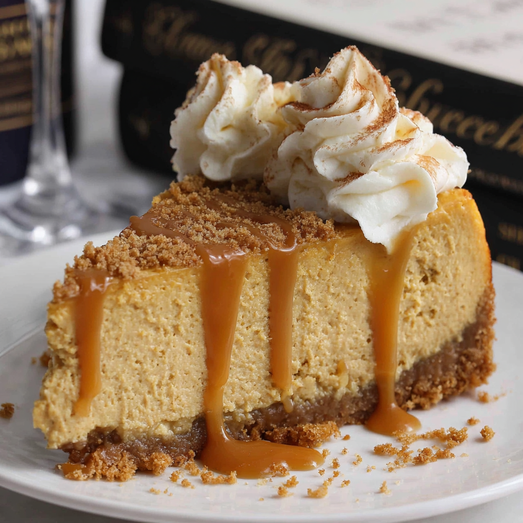 Slice of pumpkin cheesecake topped with caramel