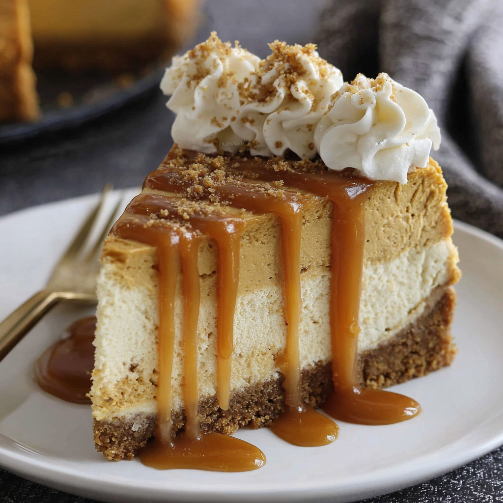Whole pumpkin cheesecake with whipped cream swirls