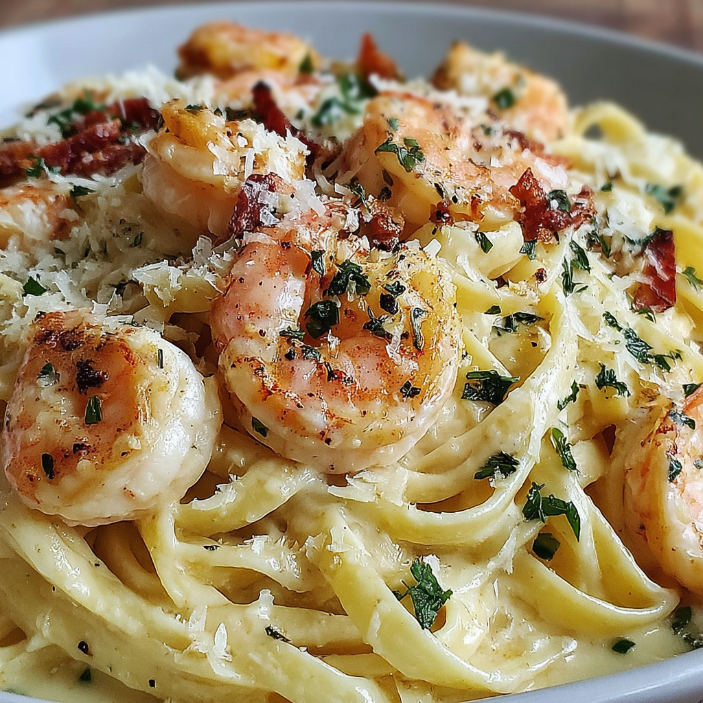 Shrimp searing in a skillet before being added to alfredo sauce