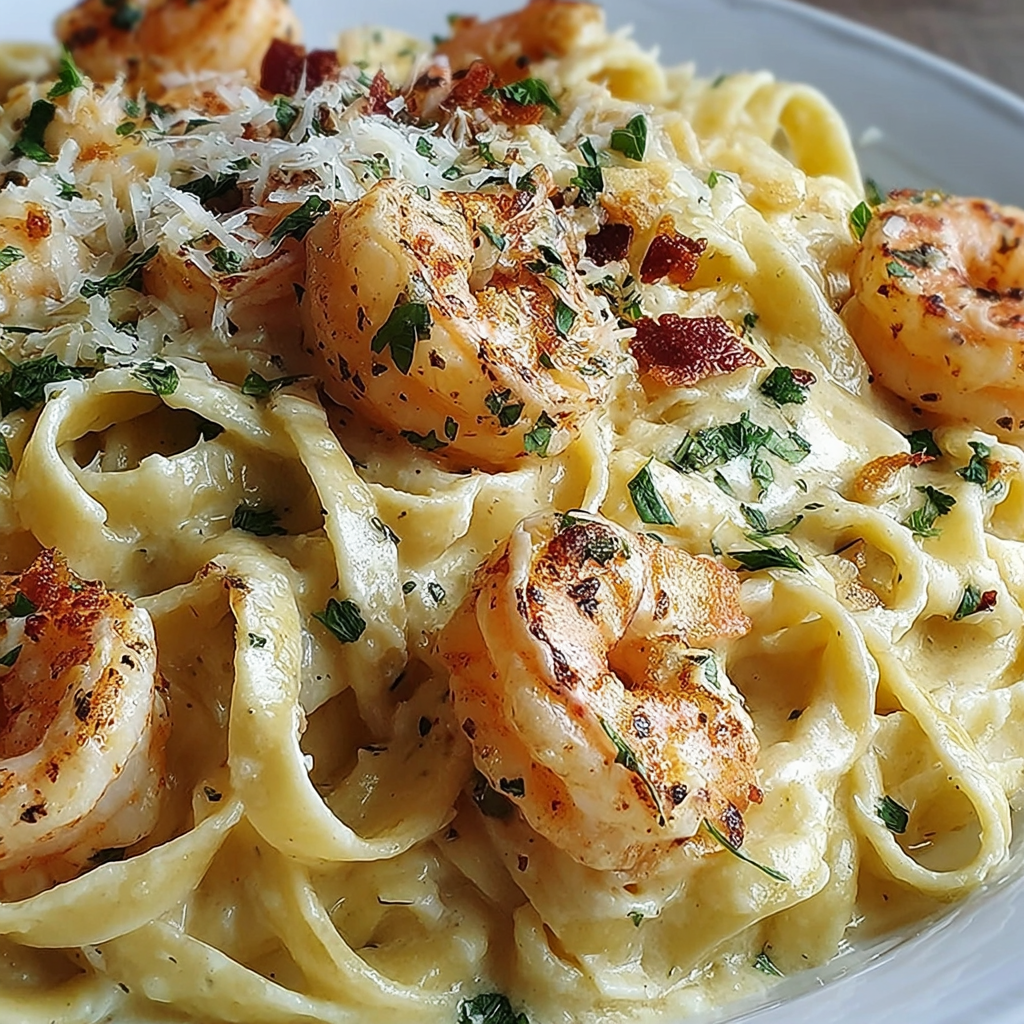 Bowl of creamy shrimp pasta garnished with parsley and Parmesan