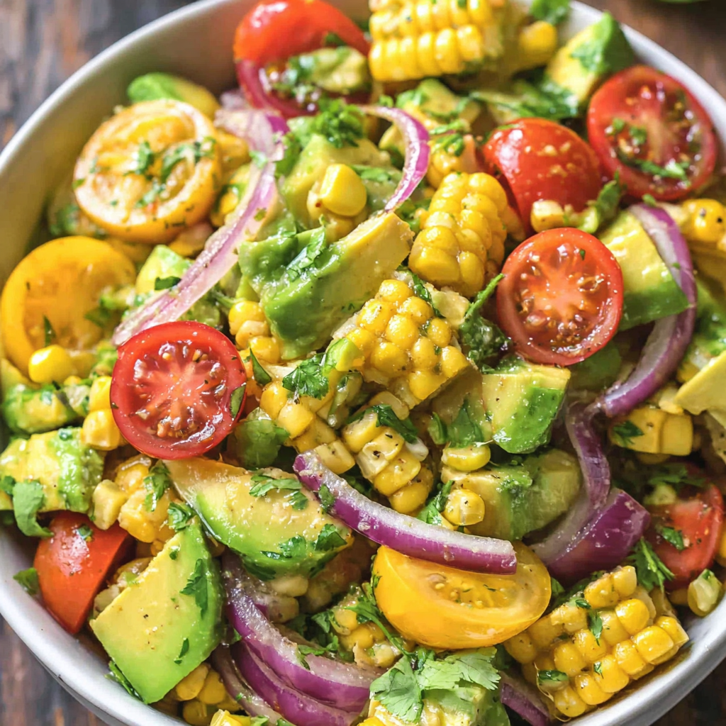 Ingredients for avocado corn salad arranged on a board: corn, avocado, tomatoes, lime, onion, cilantro
