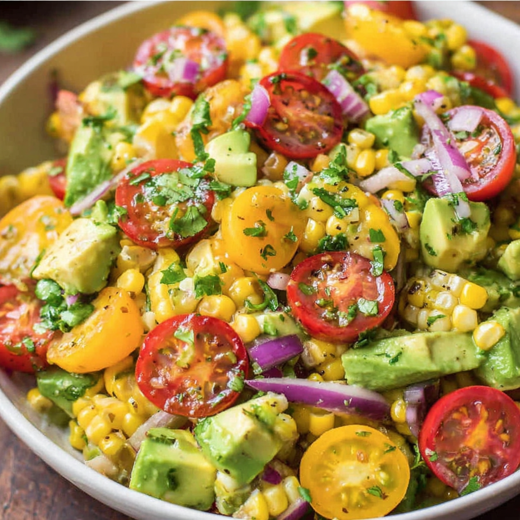 Serving bowl of avocado corn salad on outdoor table at a summer gathering