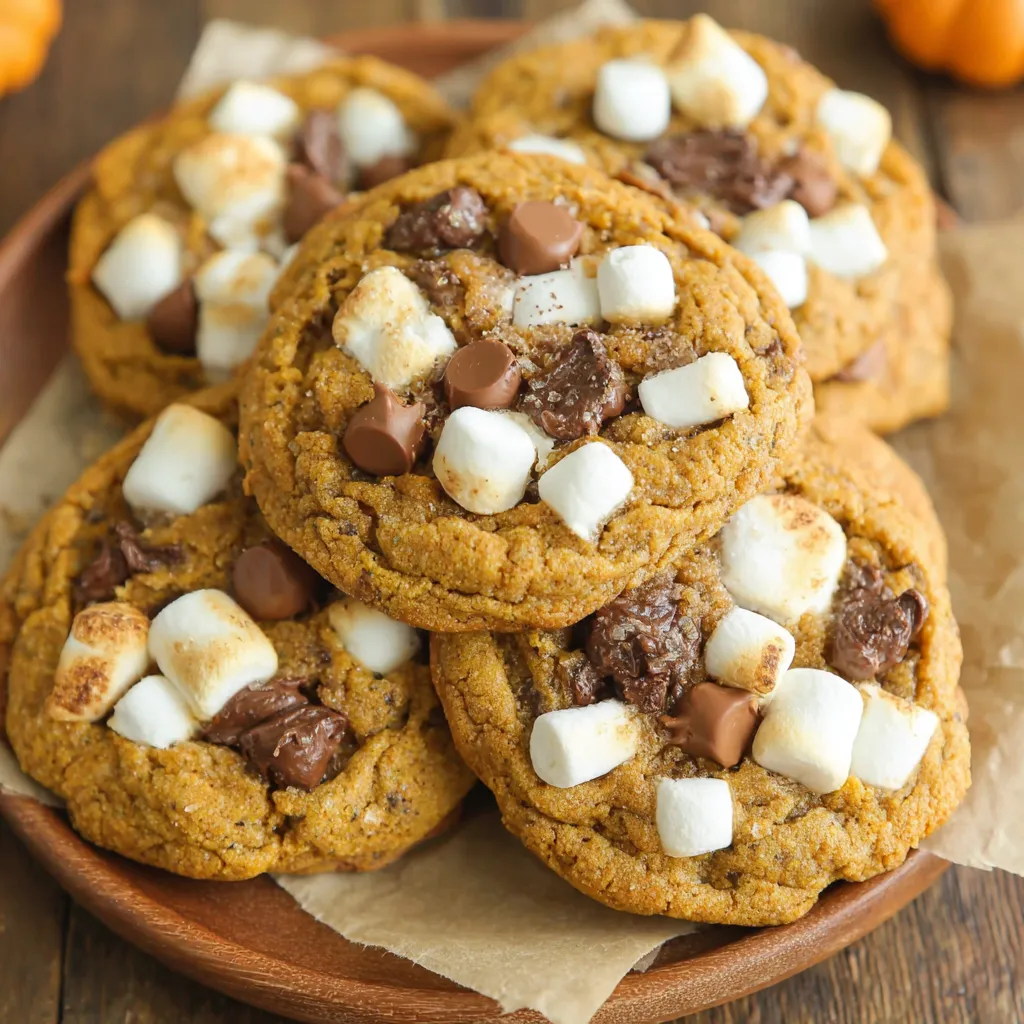 Tray of pumpkin s'mores cookies fresh from the oven