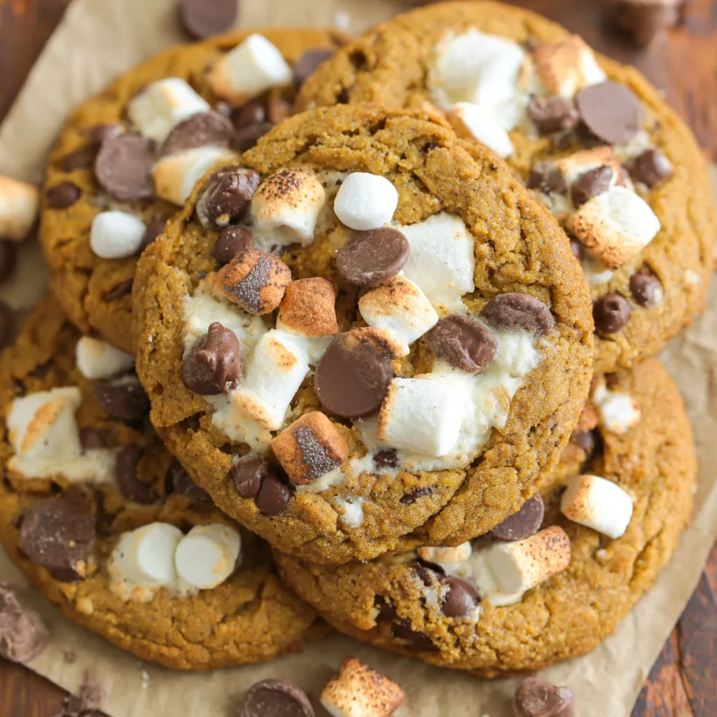 Close up of a pumpkin s'mores cookie with gooey marshmallow