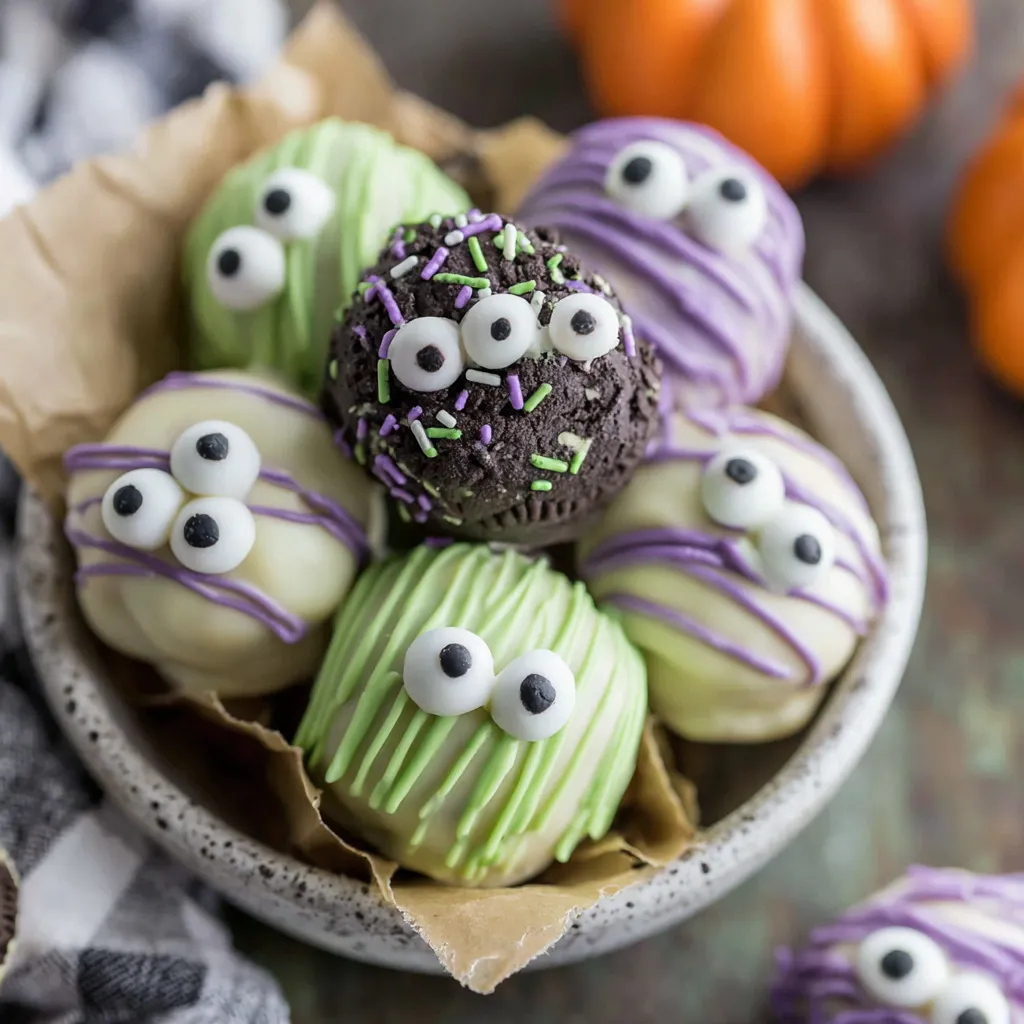 Monster truffles coated in green chocolate with candy eyes