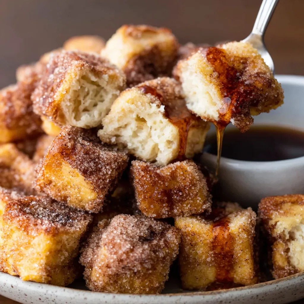 Skillet of golden cinnamon roll french toast bites topped with icing