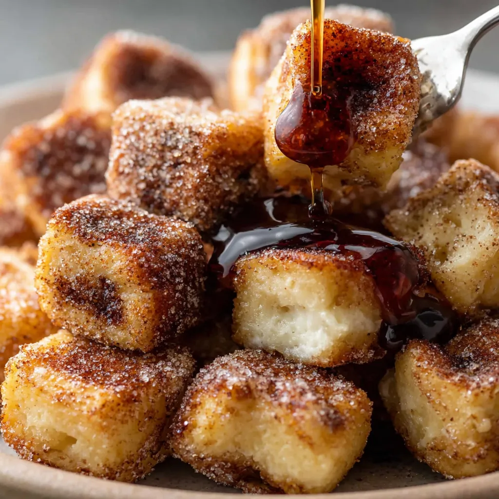 Close up of a cinnamon roll french toast bite with icing drizzle