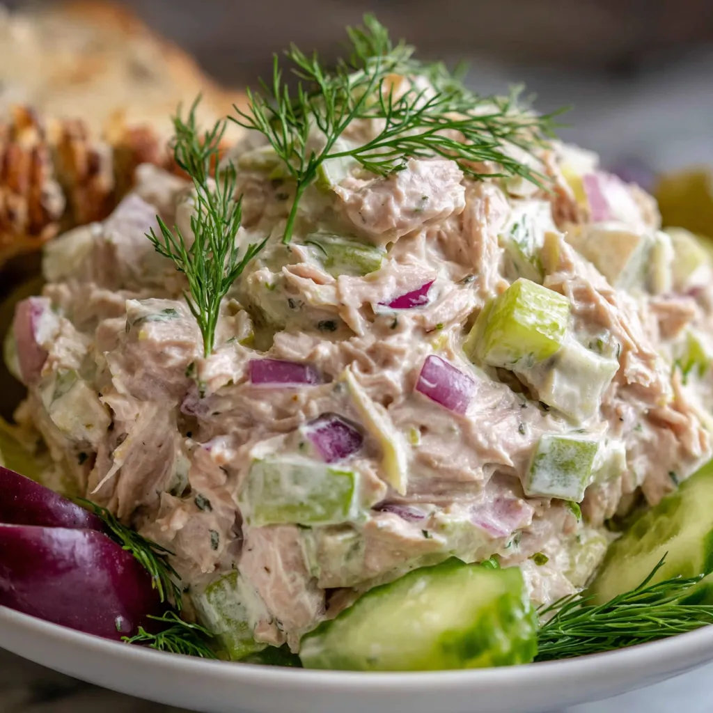 Creamy tuna salad in a bowl with fresh dill