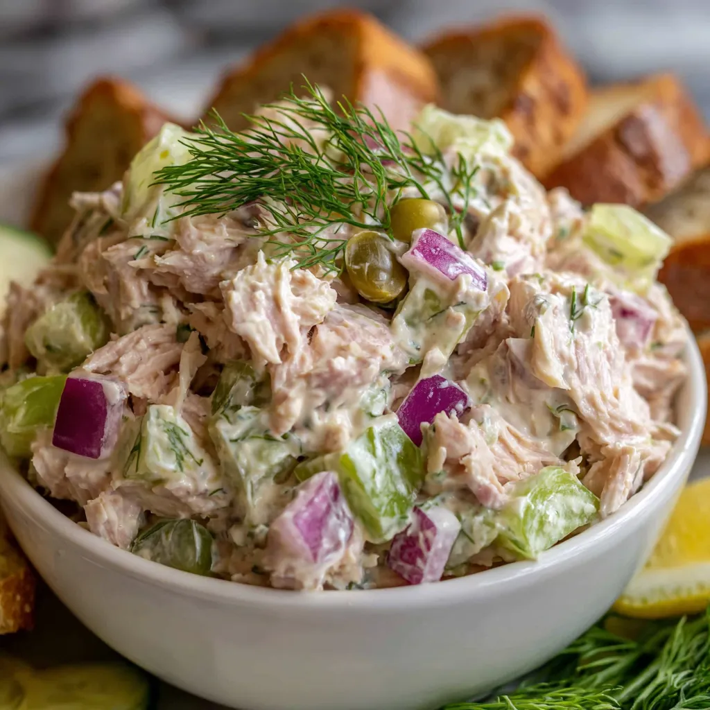 Tuna salad sandwich on rye with pickles