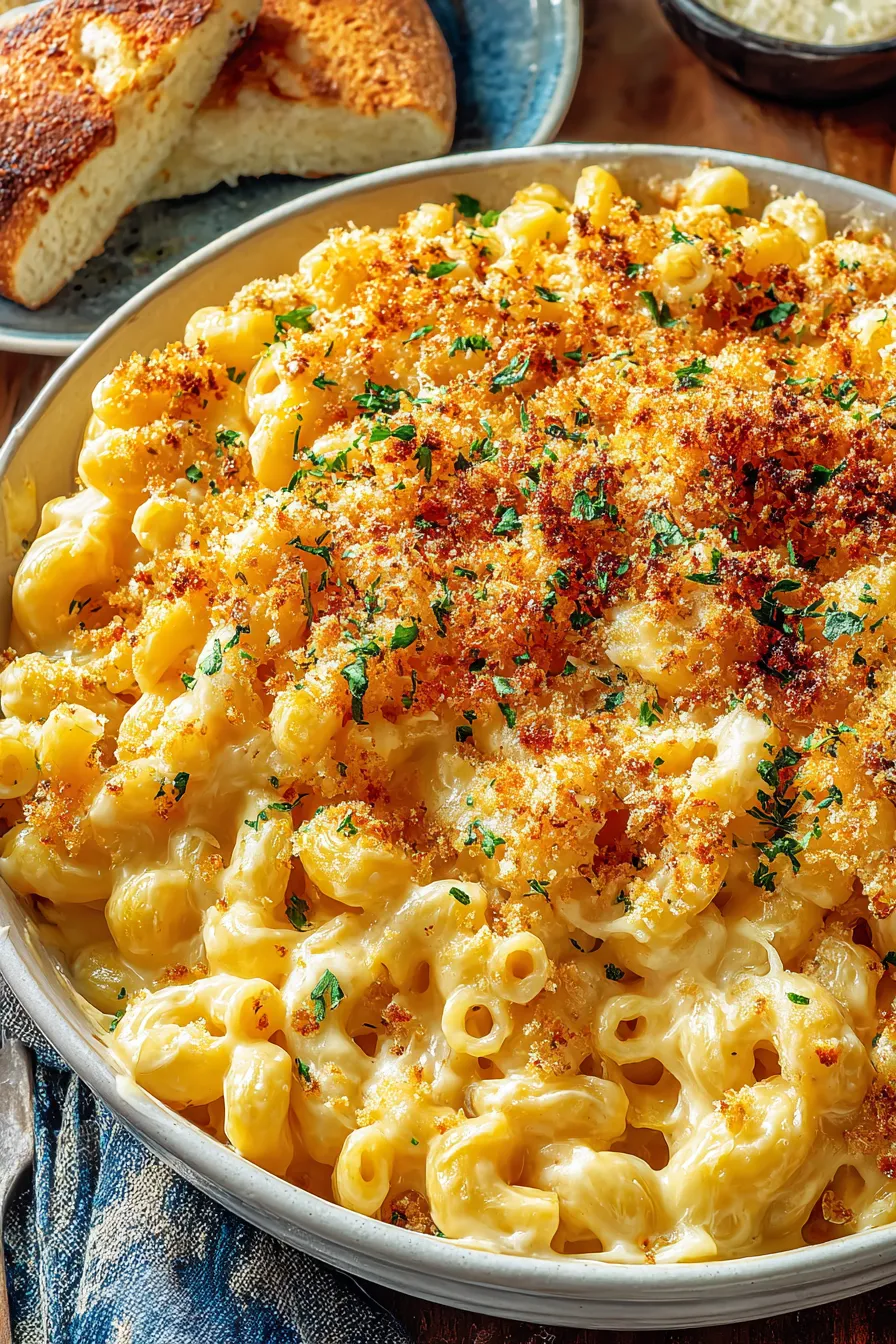 Close-up of crunchy breadcrumb topping on mac and cheese