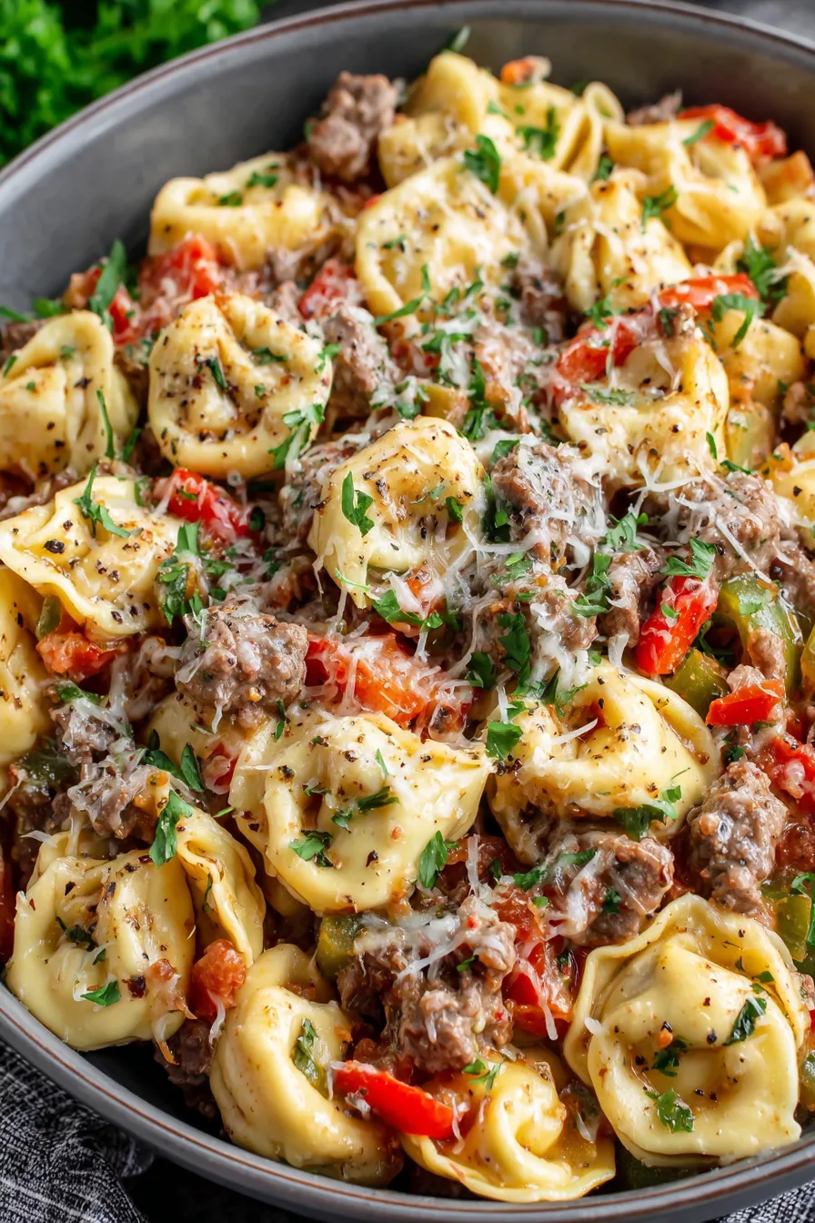 Finished cheesesteak tortellini served in bowl