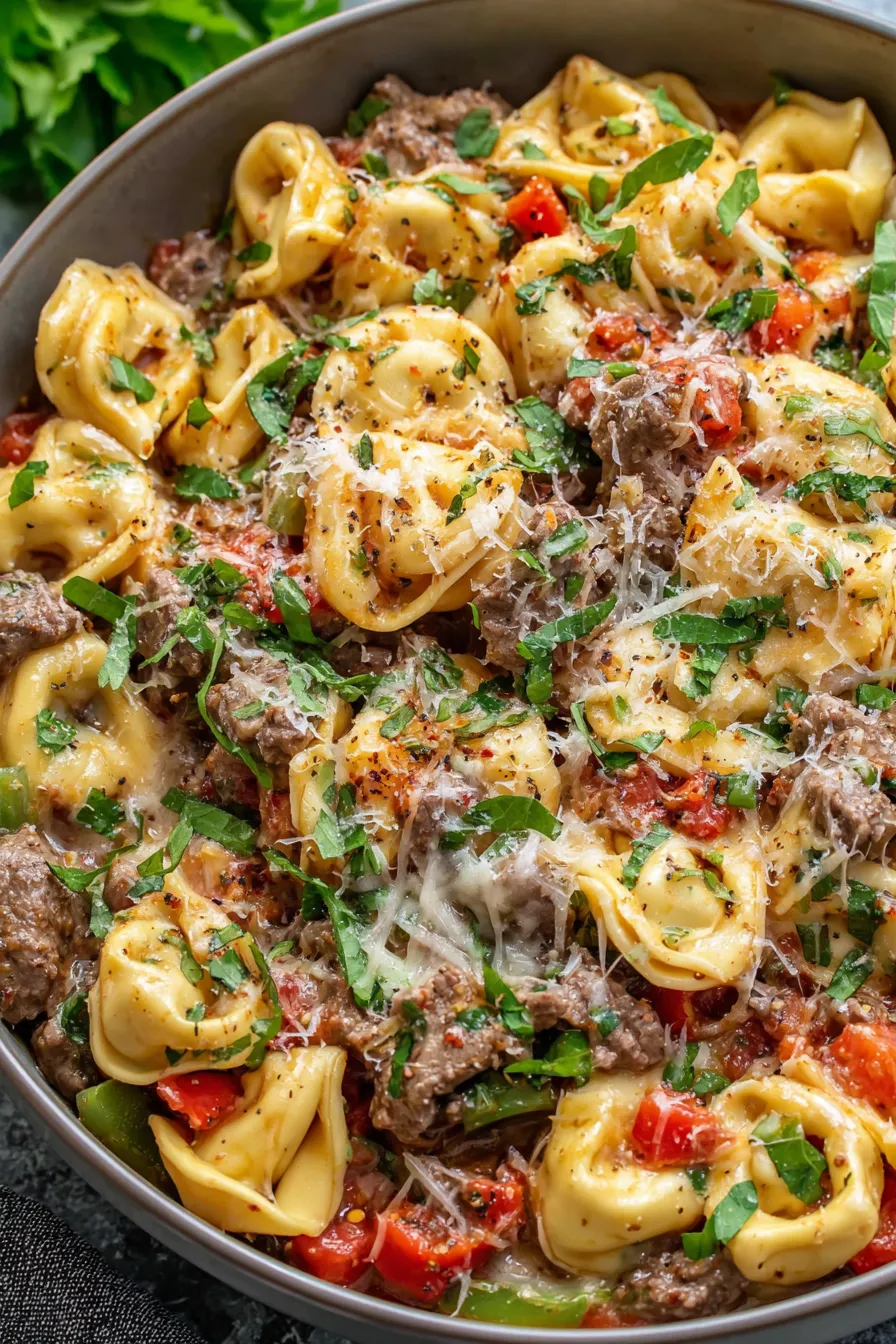 Seared beef and sliced peppers in skillet