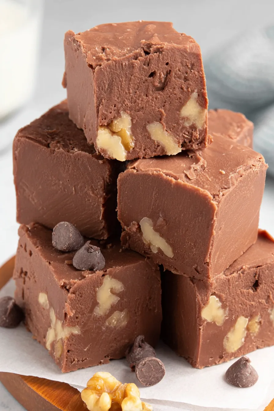 Tray of chocolate walnut fudge cooling in pan
