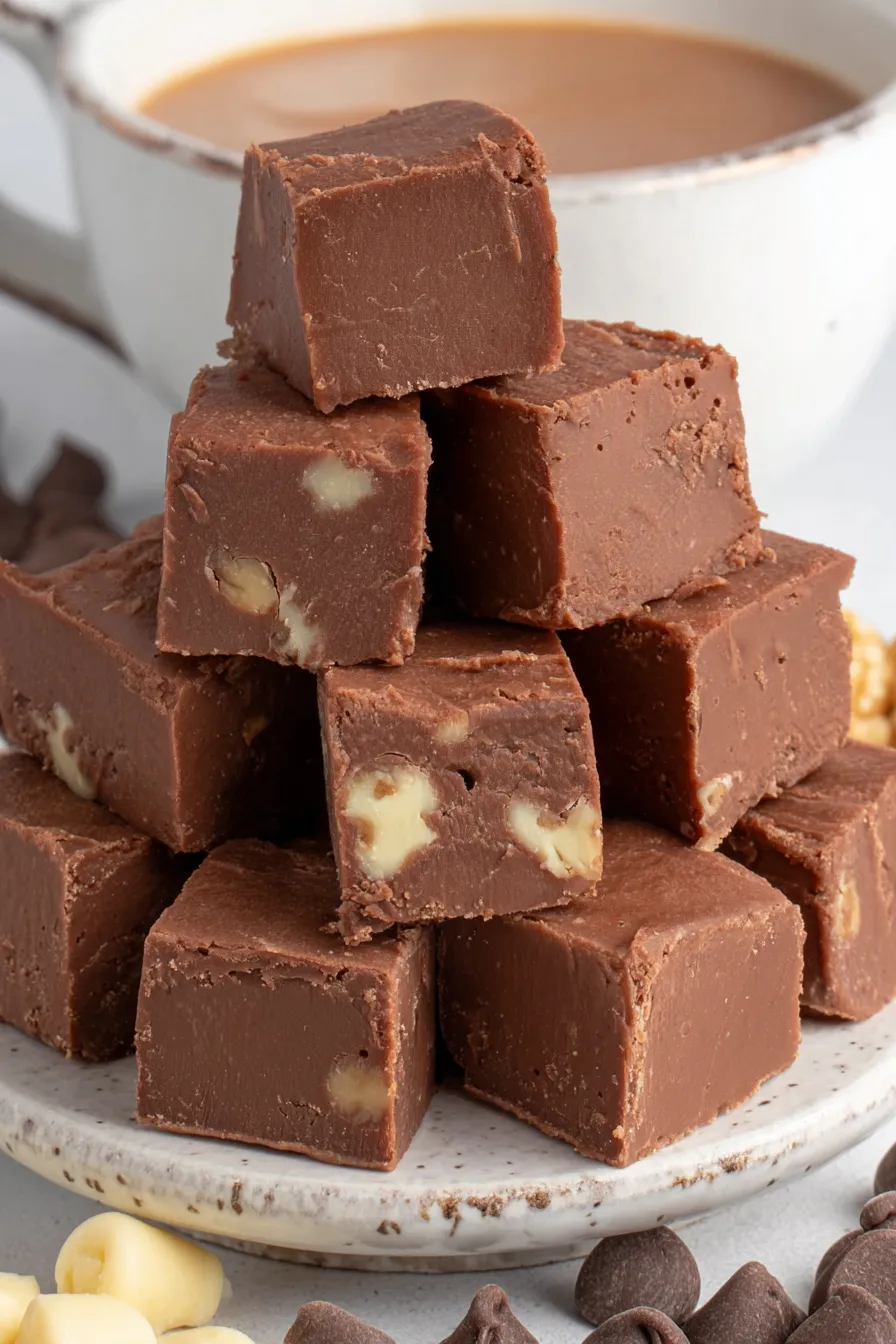 Close-up of a single square of Fantasy Fudge with walnut