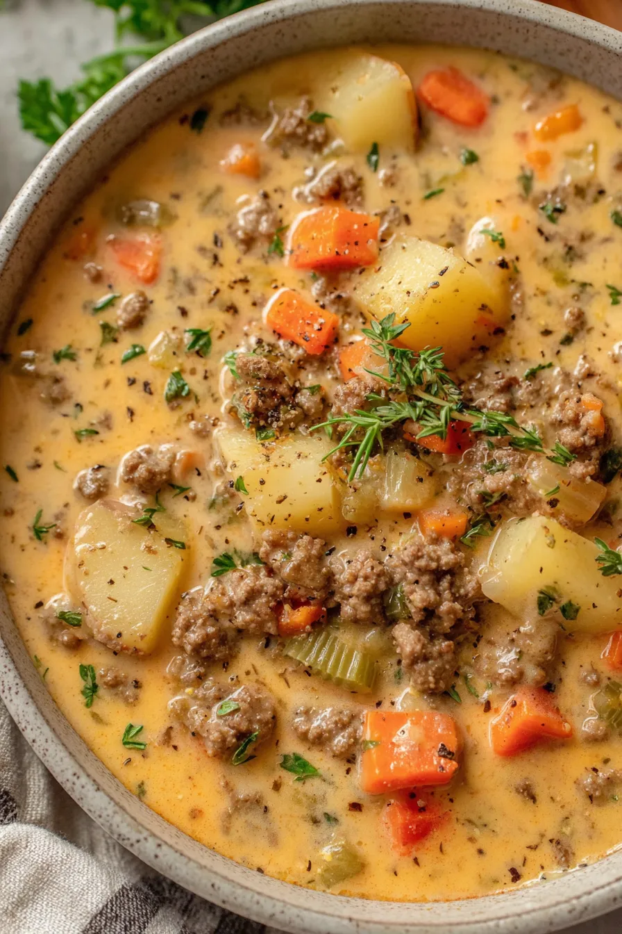 A hearty bowl of cheeseburger soup topped with shredded cheddar and chives