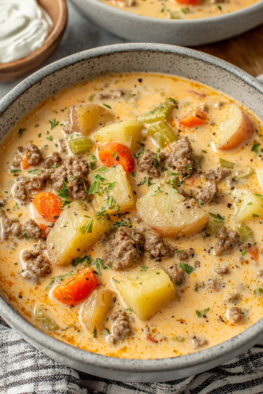 Close-up of ladle serving cheeseburger soup from a pot