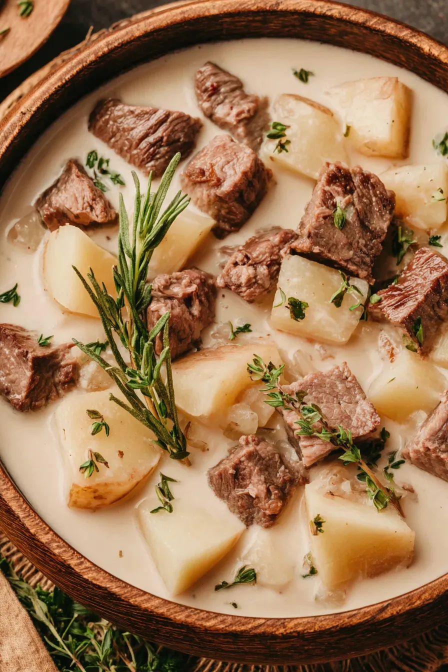 Creamy steak and potato soup in a bowl with parsley garnish