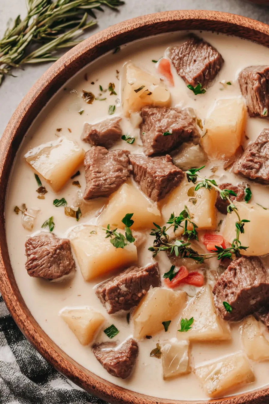 Bowl of creamy soup with parsley and bread on the side