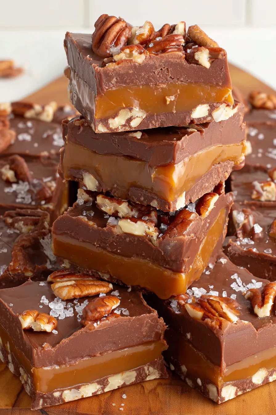 Close-up of layered turtle fudge with pecans