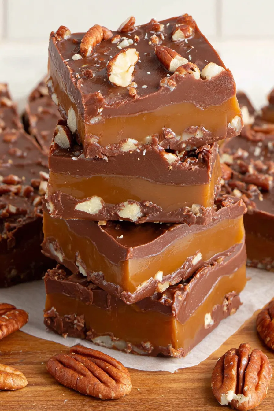 Sliced squares of turtle fudge on a tray